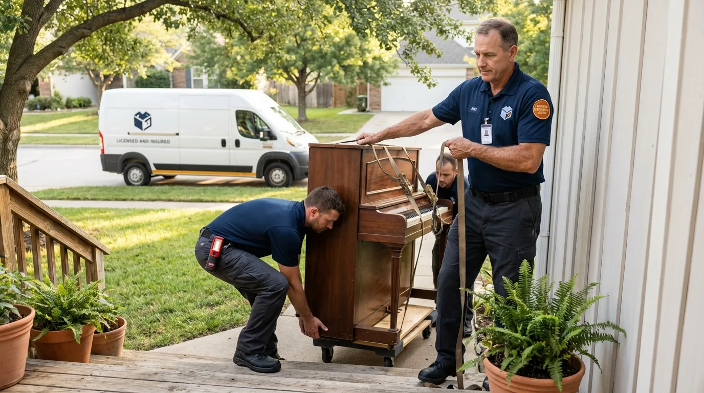 Licensed piano movers securing grand piano in Laguna Niguel, CA