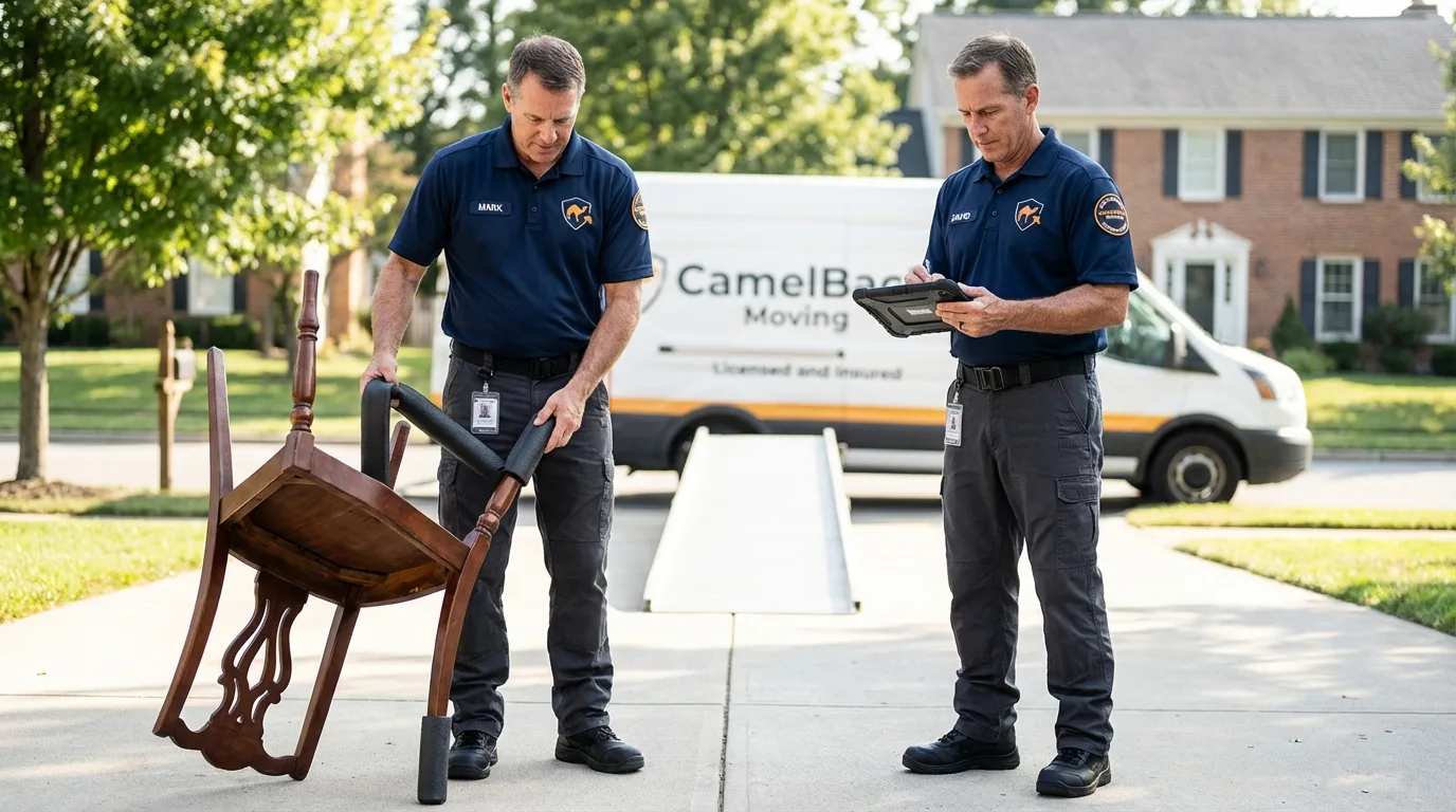 Movers inspecting furniture for damage prevention before loading in Laguna Niguel, CA