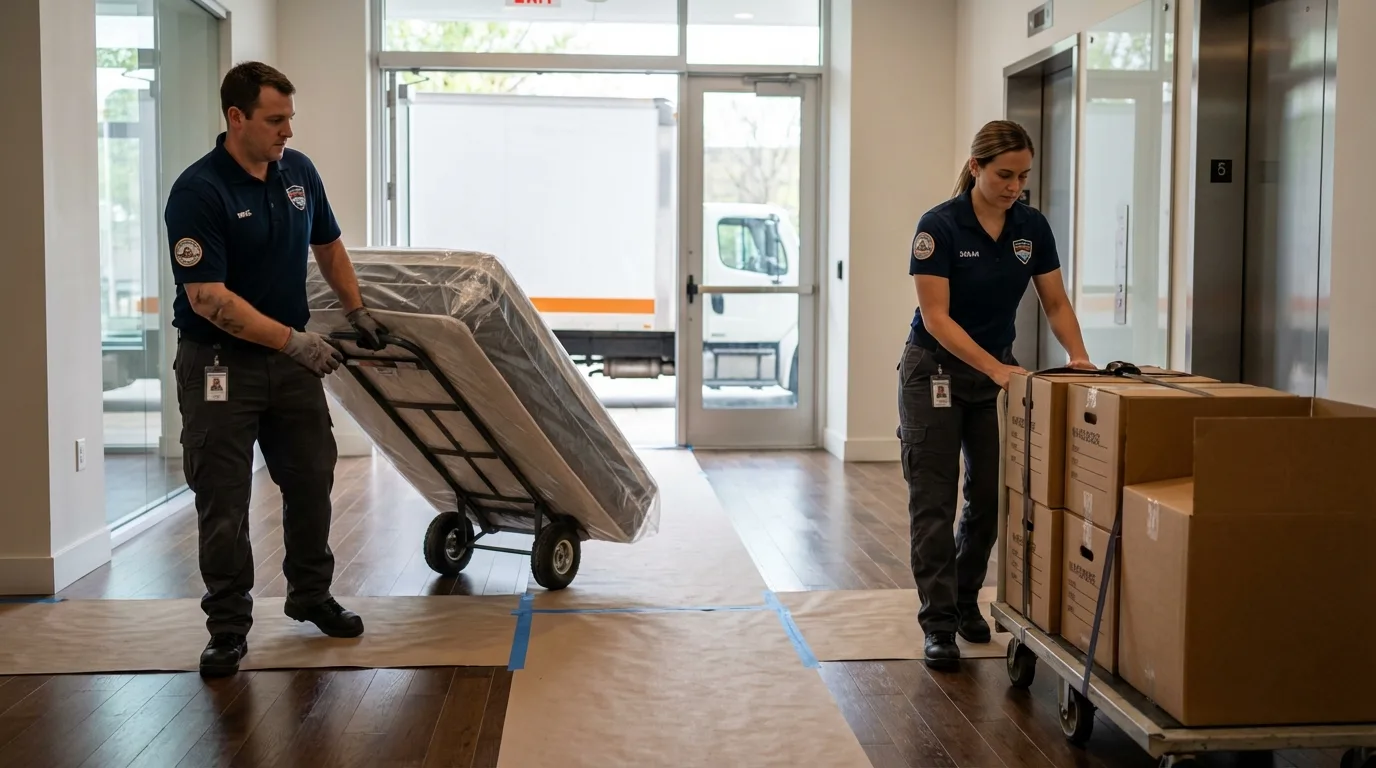 Professional apartment movers loading elevator in Laguna Niguel, CA