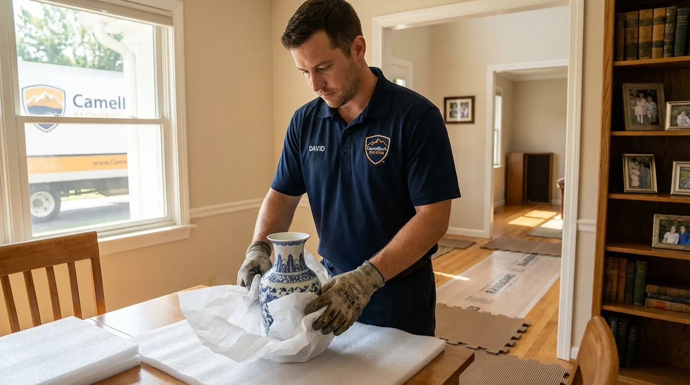 Professional crew carefully wrapping antique vase for senior downsizing move in Laguna Niguel, CA